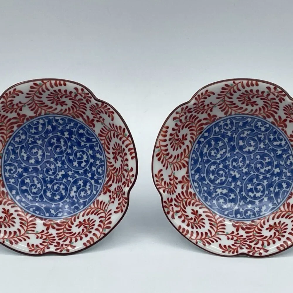2 Gen-emon kJapan Orange & Blue Porcelain Bowls Signed 4